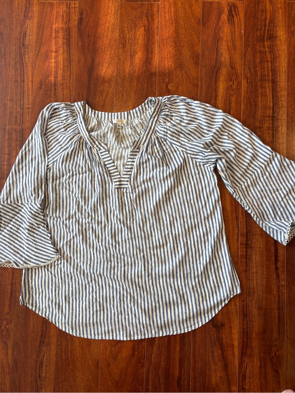 Spense Blue and White Striped V-Neck Blouse